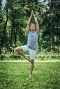 Man training yoga in tree pose in park Royalty Free Stock Photo