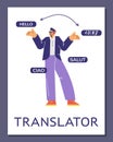 Man translator help understanding foreign languages, translation, teaching service of multi languages vector poster