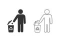 Man and trash bin with recycle line icon set isolated on white background.