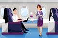 Man travel by airplane in business class. Vector flat cartoon illustration. Plane interior with comfortable seat Royalty Free Stock Photo