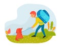 Man with travel backpack and dog walking outdoors. Flat character concept illustration of people with pets Royalty Free Stock Photo