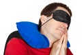 Man with travel Neck Pillow and Sleeping mask