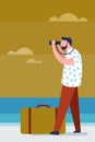 Man with a travel suitcase looks through a binocular Royalty Free Stock Photo