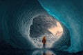 Man traveler, arctic expedition. Iceberg cave with ice walls, Generative Ai