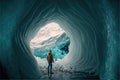 Man traveler, arctic expedition. Iceberg cave with ice walls, Generative Ai