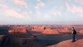 Man traveler on the background of rocky formations in the Dasht e Lut desert against sunset. Nature of Iran. Persia.