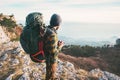 Man Traveler with backpack hiking mountains