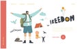 Man Traveler with Backpack Rejoice for Freedom Landing Page Template. Escape, Male Character Leaving Home after Lockdown