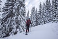 Man traveler goes in snowshoes. Low point of shooting. Royalty Free Stock Photo