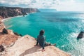 Man traveler over cold sea landscape Royalty Free Stock Photo