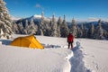 Man, traveler in snowshoes is enjoying stunning views Royalty Free Stock Photo