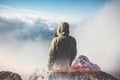 Man Traveler standing on mountain summit