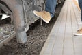 Man traveler stepping up train at railway station. backpacker tr Royalty Free Stock Photo