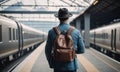 Man traveler walks in a busy train station