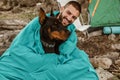 Man Traveling With Dog, Camping In Nature Royalty Free Stock Photo