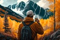 Man traveling takes a snapshot of a mountain scene in the fall Royalty Free Stock Photo