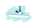 Man Traveling on Yacht at Sea on Summertime, Summer Outdoors Activities Vector Illustration