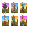 Man Traveller or Explorer with Backpack Engaged in Mountaineering and Expedition Vector Set