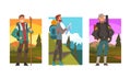 Man Traveller or Explorer with Backpack Standing and Looking Ahead Vector Set