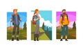 Man Traveller or Explorer with Backpack Standing and Looking Ahead Vector Set