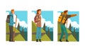 Man Traveller or Explorer with Backpack Standing and Looking Ahead Vector Set