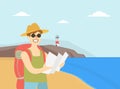 Man Travelling with Backpack, Male Tourist Planning Route with Map, Travel, Vacation, and Summer Adventure Vector