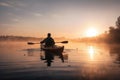A man travelling in a kayak in a lake at sunrise in mountains is a peaceful and serene scene that captures the beauty