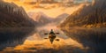 A man travelling in a kayak in a lake at sunrise in mountains is a peaceful and serene scene that captures the beauty