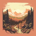 Hiker Walking Through Mountains: Tonalist Color Scheme Illustration