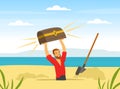 Man Treasure Hunter Finding Chest with Precious Jewel Vector Illustration