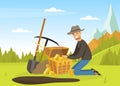 Man Treasure Hunter Finding Chest with Precious Jewel Vector Illustration