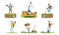 Man Treasure Hunter with Metal Detector and Shovel Digging Hole in Soil Extracting Gold and Gemstones Vector Set