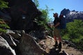 Man trekking with big backpack in Nahuel Huapi national park, Backpacker on hiking trail in Andes mountains of Patagonia Royalty Free Stock Photo