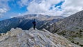 Man trekking on mystical hiking trail leading to Mount Olympus Mytikas, Skala, Stefani in Mt Olympus National Park