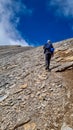 Man trekking on mystical hiking trail leading to Mount Olympus Mytikas, Skala, Stefani in Mt Olympus National Park