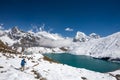 Man is trekking near Gokyo lake in Everest region, Nepal Royalty Free Stock Photo