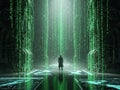 Man in Trench Coat in a Vast Digital Cathedral of Green Binary Code and Holographic Maps matrix Royalty Free Stock Photo