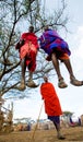 The man of a tribe Masai shows ritual jumps. Royalty Free Stock Photo