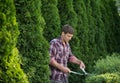 Man trimming bushes in garden