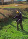 Man is trimming grass outdoor