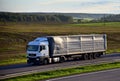 MAN truck with semi-trailer driving along highway. Goods Delivery by roads. Services and Transport logistics. Russia, Moscow, SEPT