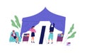 Man try on jumper in front of mirror at tent of street market vector flat illustration. People choose clothes at rag