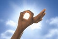 Man trying to hide the sun with an open hand. Climate change: symbolic representation of the ozone hole