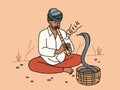 Man in turban play on flute for cobra Royalty Free Stock Photo