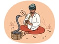 Man in turban play on flute for cobra Royalty Free Stock Photo