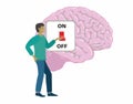 Man turning off brain with big switch. Isolated. Vector illustration.