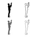 Man is turning to heaven Man up arm Appeal to god Pray concept silhouette icon set grey black color illustration outline flat