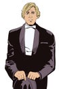 Man in tuxedo and bow tie. Stock illustration. Royalty Free Stock Photo