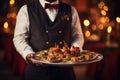 Man in Tuxedo Holding Platter of Appetizers at a Formal Event, Waiter carrying plates with meat dish on some festive event, AI Royalty Free Stock Photo