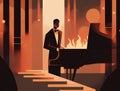 A man in a tuxedo with a jazzy piano playing a melody in a smokey club. Lifestyle concept. AI generation